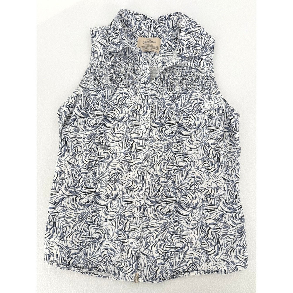Old Ranch Sleeveless Button Down Women Size‎ M Navy White Palm Leaf Top